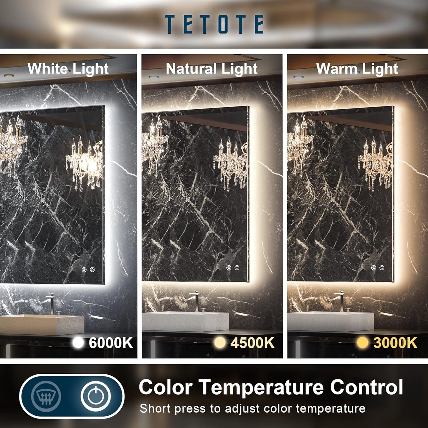 TETOTE 20 x 28 LED Backlit Bathroom Mirror with Light,3Color White/Warm/Natural,Anti-Fog Lighted Mirror,Dimmable,Vanity Mirror,Wall Mounted