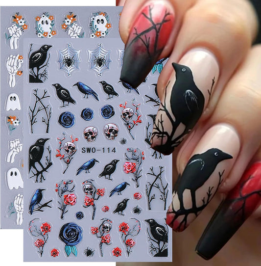 2 Sheets Halloween Nail Art Stickers Decals 5D Embossed Skeleton Rose Nail Decals Black Birds White Ghost Flower Skull Rose Design Halloween Nail Stickers Manicure Accessories for Women Nail Art Decor