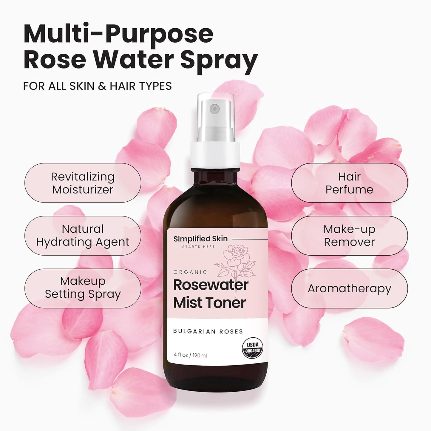 Rose Water Spray for Face & Hair – Pure USDA Organic Rosewater Toner – Refreshing Mist for Skin Care, Makeup & Locs – Natural Rose Scent, 4 Oz