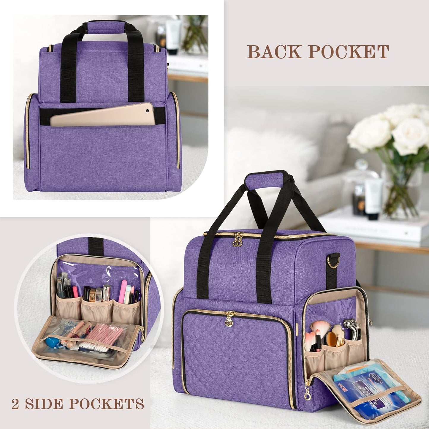 LUXJA Large Travel Makeup Bag with 3 Removable Cases, Cosmetic Bag with Detachable Dividers (Patent Pending), Purple