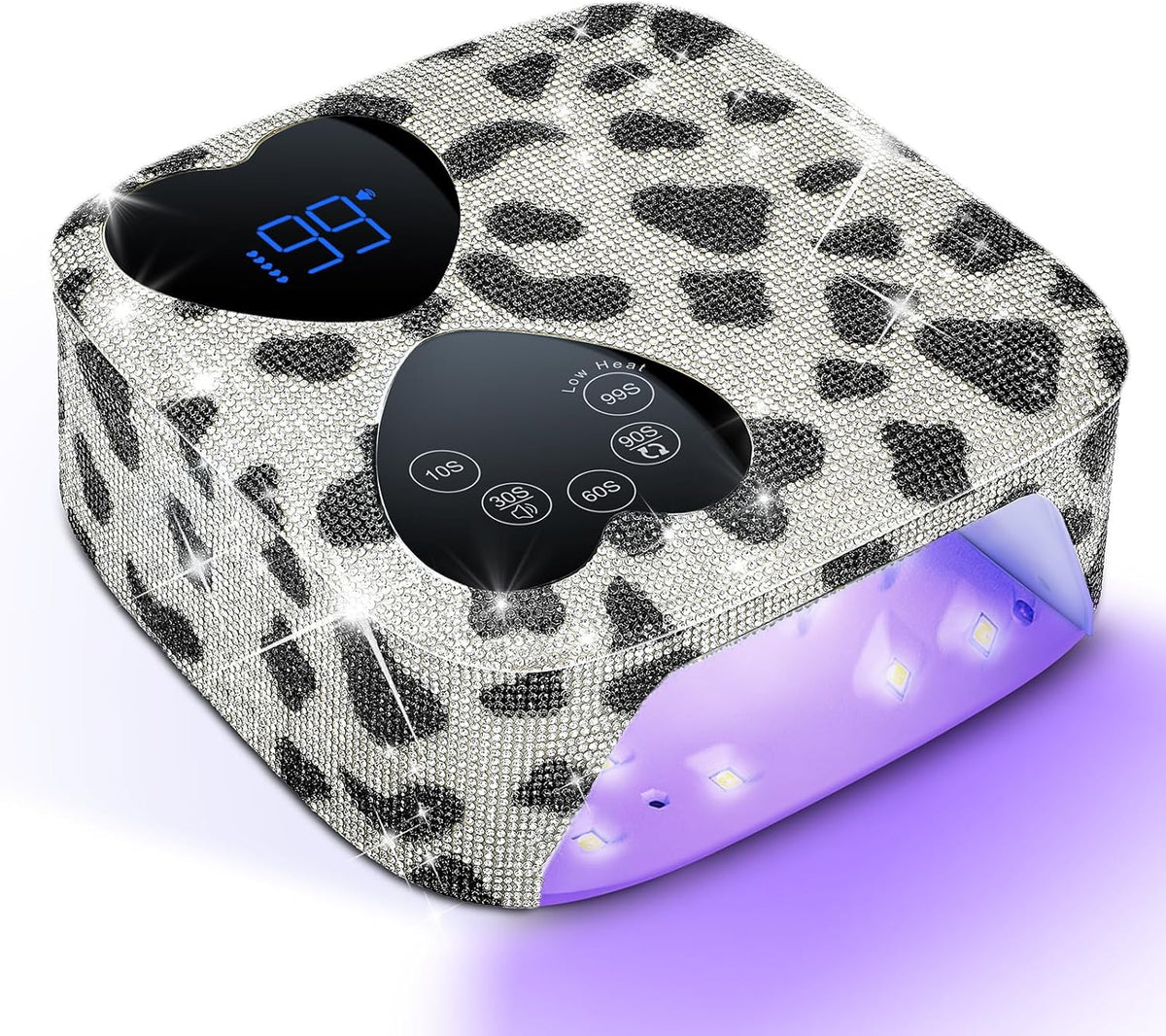 UV LED Nail Lamp Cordless, HUITINE 80W Rechargeable UV Light for Gel Nails with 5 Timers & Mirror Base, Professional Gel Light Dryer, Sparkling Rhinestones Curing Lamp for Salon & Home (Cow Diamond)