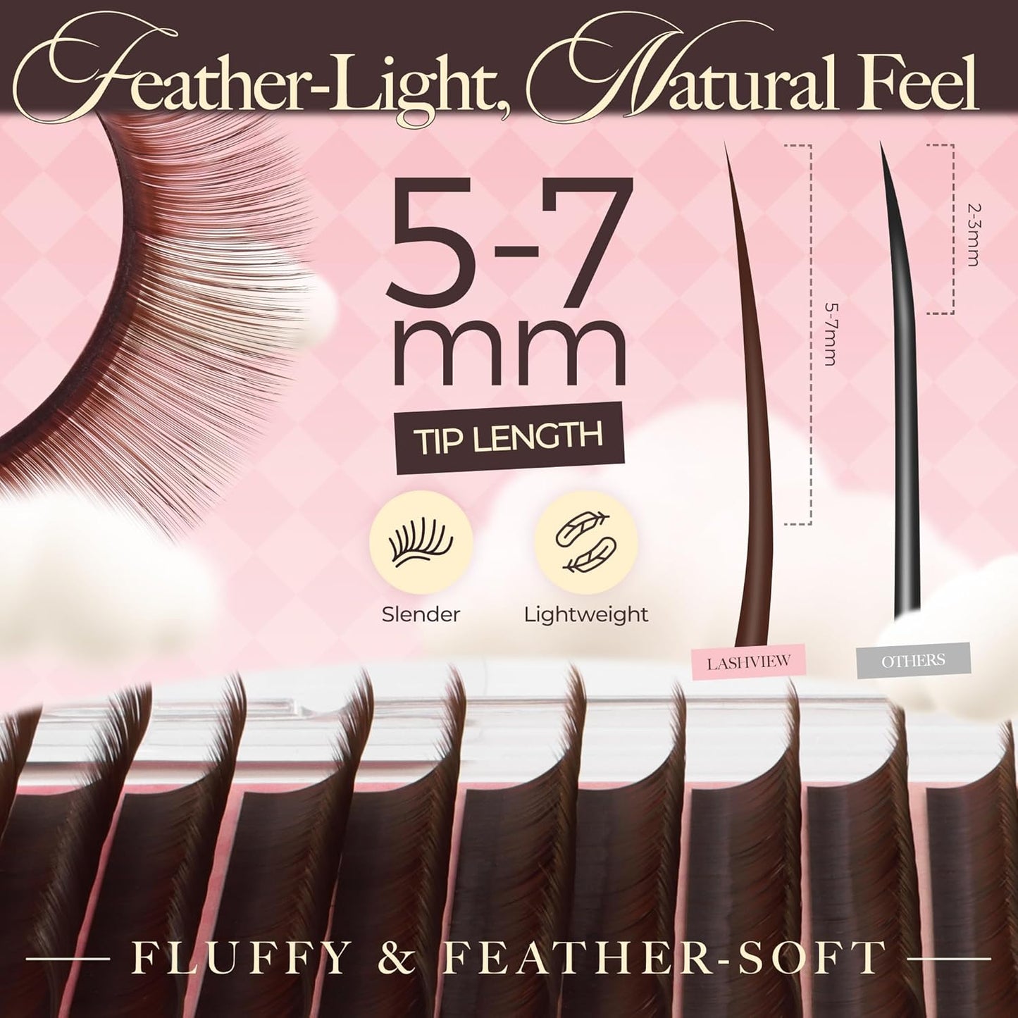 LASHVIEW Coffee Brown Volume Lash Extensions 0.03-0.20 J/B/L/C/CC/D Curl 8-16mm Mixed & Single Length Tray, Soft Matte Dark Professional Eyelashes Extension(0.07 D 8-16mm)