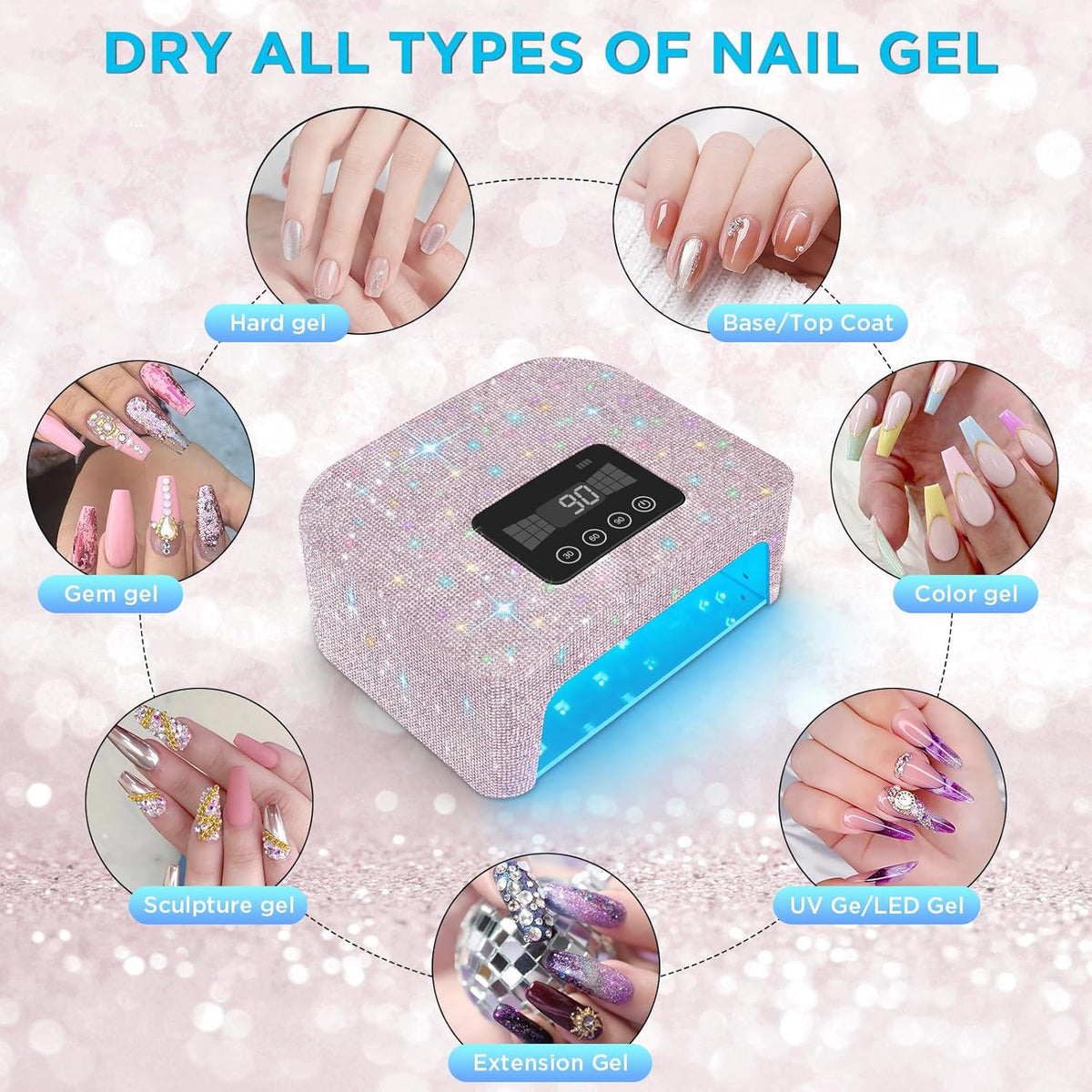 Cordless UV Nail Lamp, Rechargeable UV Light for Gel Nails, LED Nail Lamp with 4 Timer Modes, Gel Nail UV Light Decorate with Sparkling Nail Rhinestones
