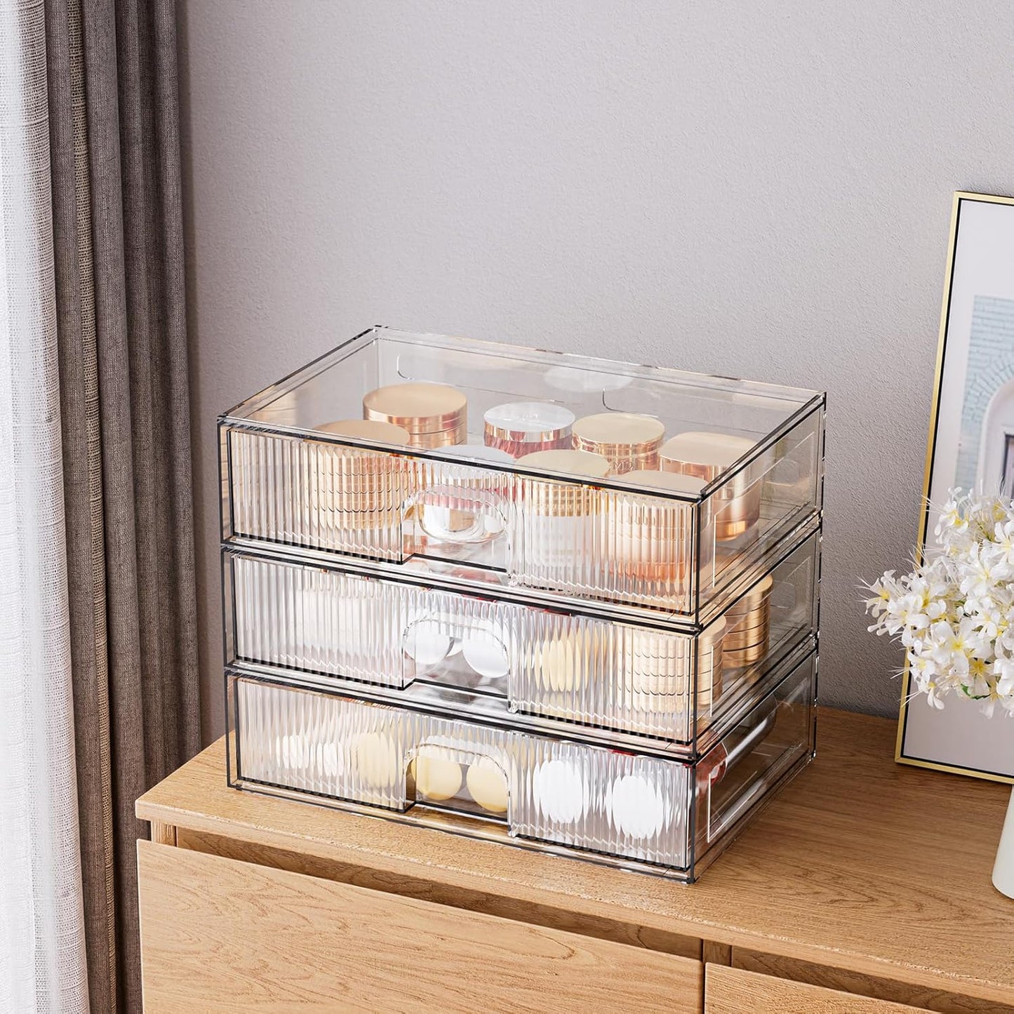 3 Piece Clear Stackable Acrylic Drawer Organizer Set for Vanity Bathroom Cabinet Storage