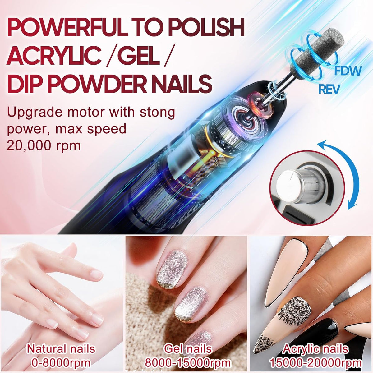 Professional Electric Nail Drill Machine Nails File Manicure Pedicure Set for Acrylic Gel Dip Powder Art Shape Remover Tool Polisher Grinder Low Noise with 6 Drill Bits 156pcs Sanding Bands (Black)