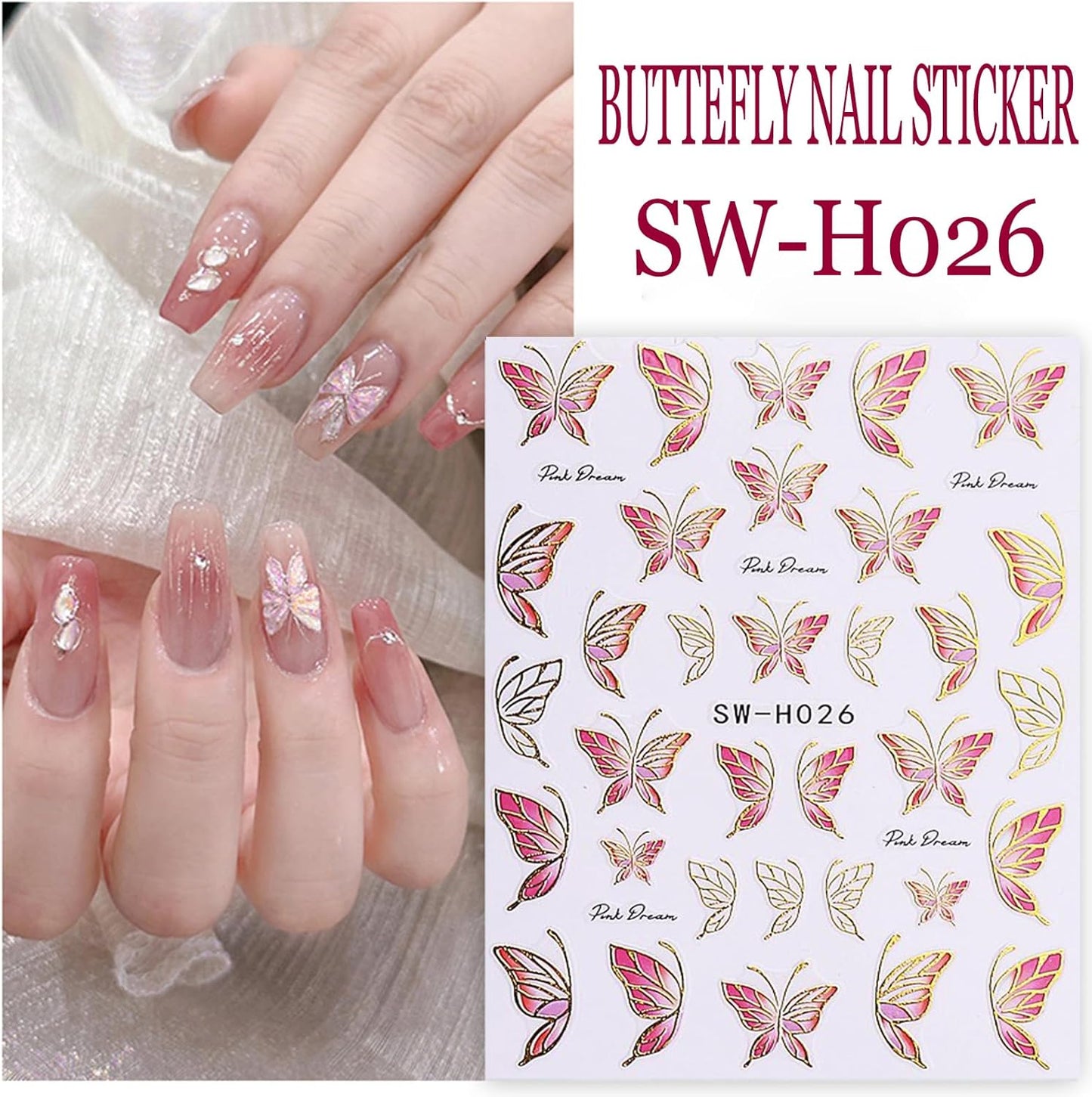 Flower Nail Art Stickers 3D Self-Adhesive Nails Sticker Butterfly Nail Art Decals Holographic Golden Floral Butterfly Nail Decal Decoration for Women Blue Blossom Manicure DIY Nail Sticker Supplies