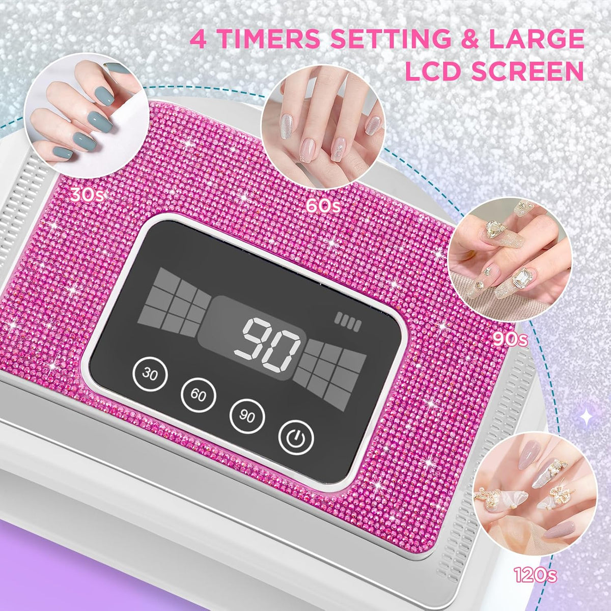 Cordless Nail Lamp, Rechargeable UV Nail Lamp for Gel Nails, LED Nail Lamp with 4 Timer Modes, Gel Nail Light Decorate with Sparkling Nail Rhinestones Diamond (Sparkly Rose Red Diamond)
