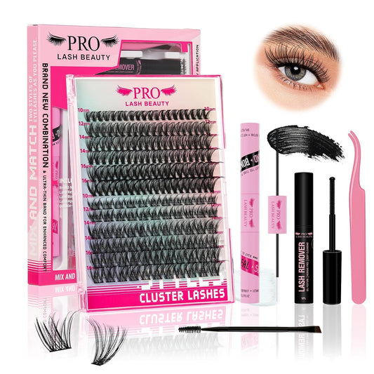 186Pcs Lash Extension Kit 2 Styles Individual Eyelash Extension Lash Clusters with Lash Bond and Seal Lash Remover Lash Applicator Individual Lashes Kit Eyelash Brush (40D+Glisten-10-16mix Kit)