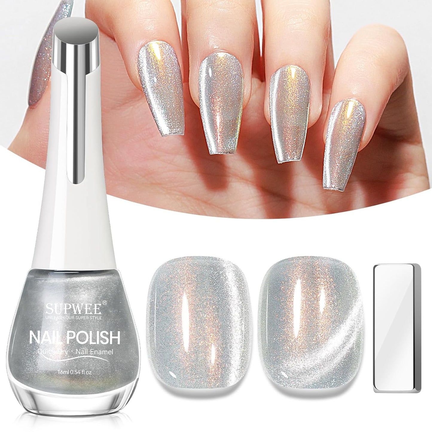 Aurora Silver Magnetic Nail Polish Non Gel with Magnet Quick Dry Cat Eye Nail Polish for Fingernail Air Drying Fast Lacquer Manicure Gift For Women Girls 16ml, 0.54fl oz