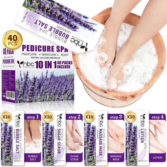 40 PCS Foot Soak, Pedicure Kit Foot Soak Set With Bubble Salt, Sugar Scrub, Massage Mask, Massage Lotion In a Box 4 Step Foot Spa Kit For Dry Cracked Feet, Tired Feet,10 Set Lavender