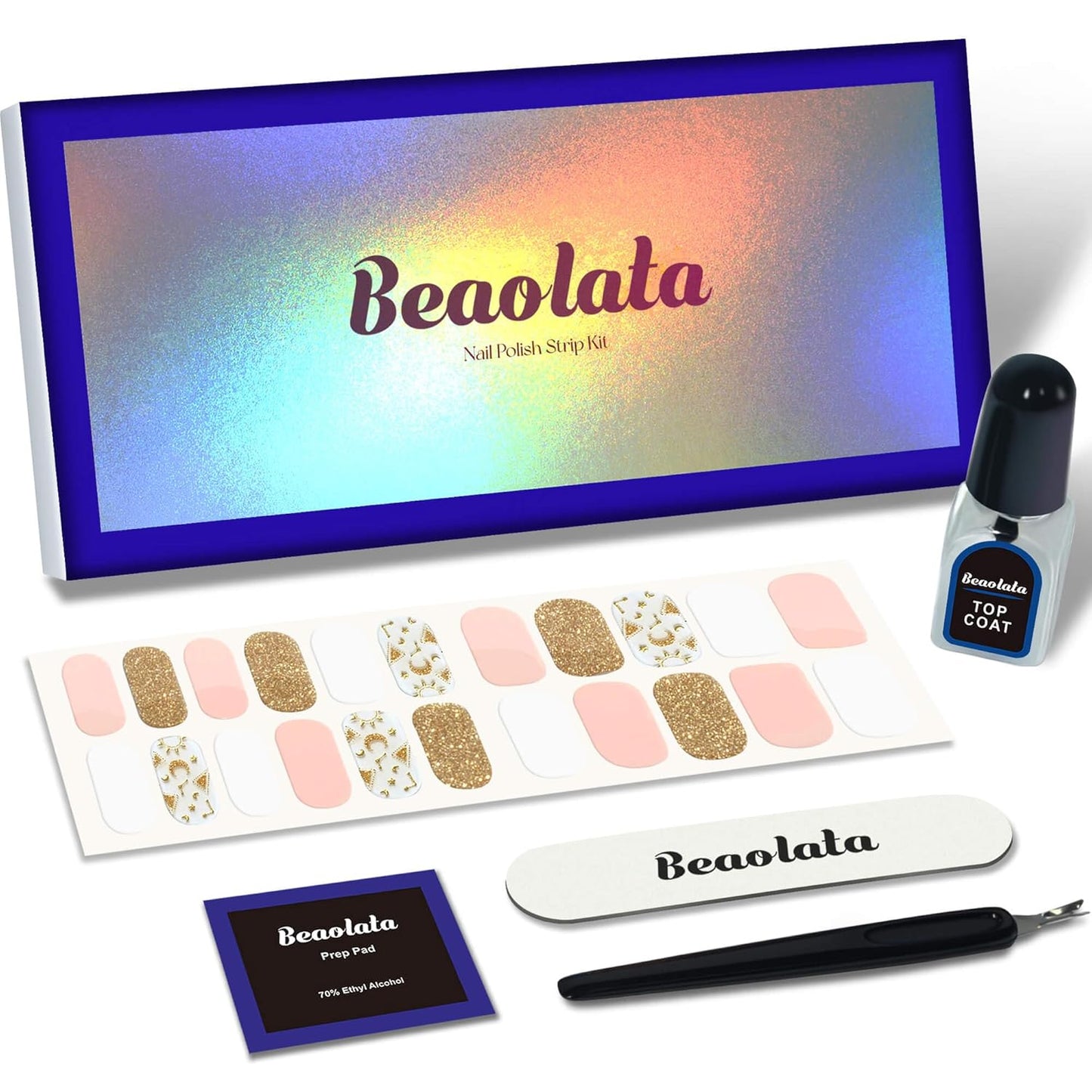 Nail Polish Strips, 44PCS Salon Quality Wraps with Top Coat, Long Lasting Gel Nail Stickers for Women Easy Apply& Remove (Planetesimal Pink&Gold)