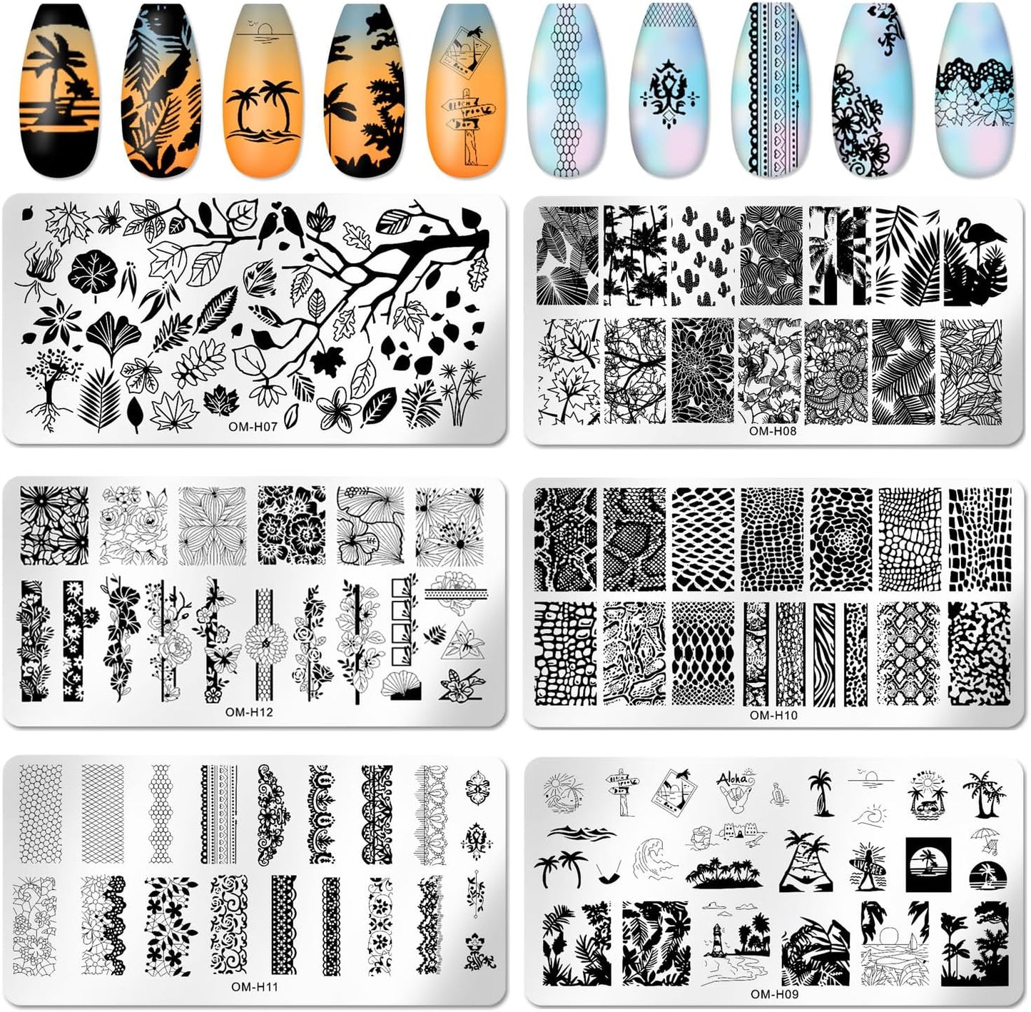 6pcs Nail Art Stamping Plates Set Manicuring Accessories Coconut Tree Leaves Flowers Birds Cactus Island Geometry Image Template for DIY Tips Decoration
