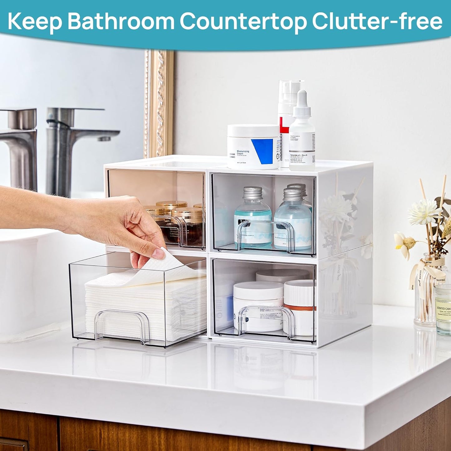 Clear Stackable Vanity Storage Drawers — 4 Piece Organizer Set