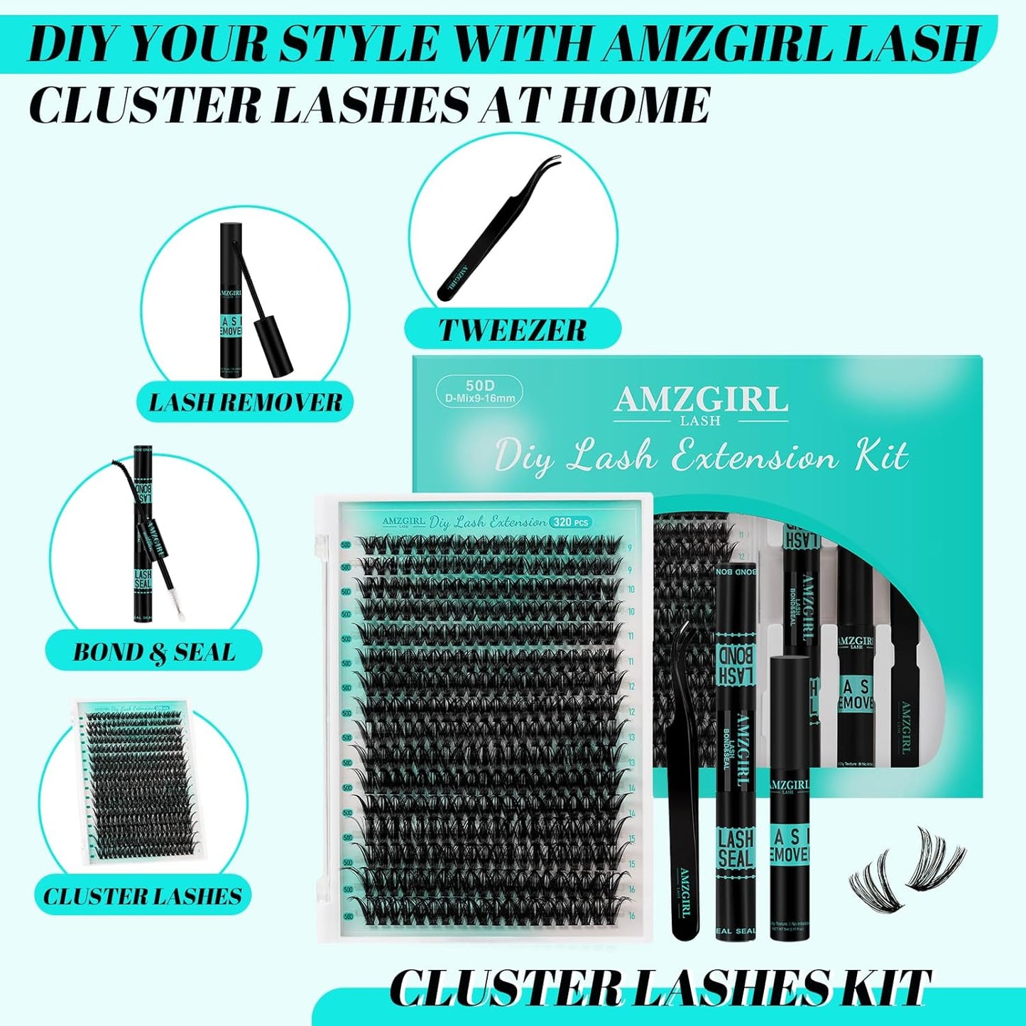 Lash Extension Kit 320Pcs,DIY Individual Lashes Clusters Kit,Lash Bond And Seal,Lash Remover For Eyelashes Extensions,Lash Applicator Tool For False Eyelash Cluster Kit At Home(50D,D-Mix9-16mm Kit)