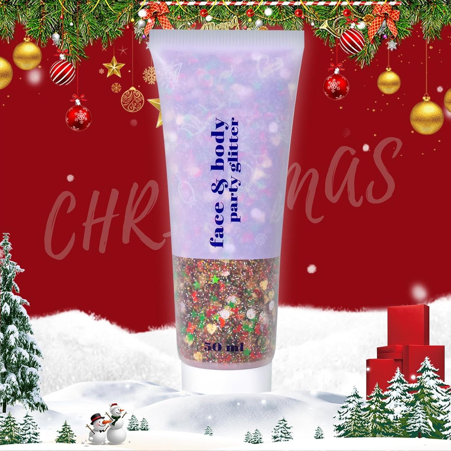 DAGEDA Body Glitter Gel, Face Glitters Body Gel Sequins Shimmer Liquid Eyeshadow, Chunky Glitter for Face Hair, Holographic Cosmetic Laser Powder Festival Glitter Makeup1.7oz (Christmas)