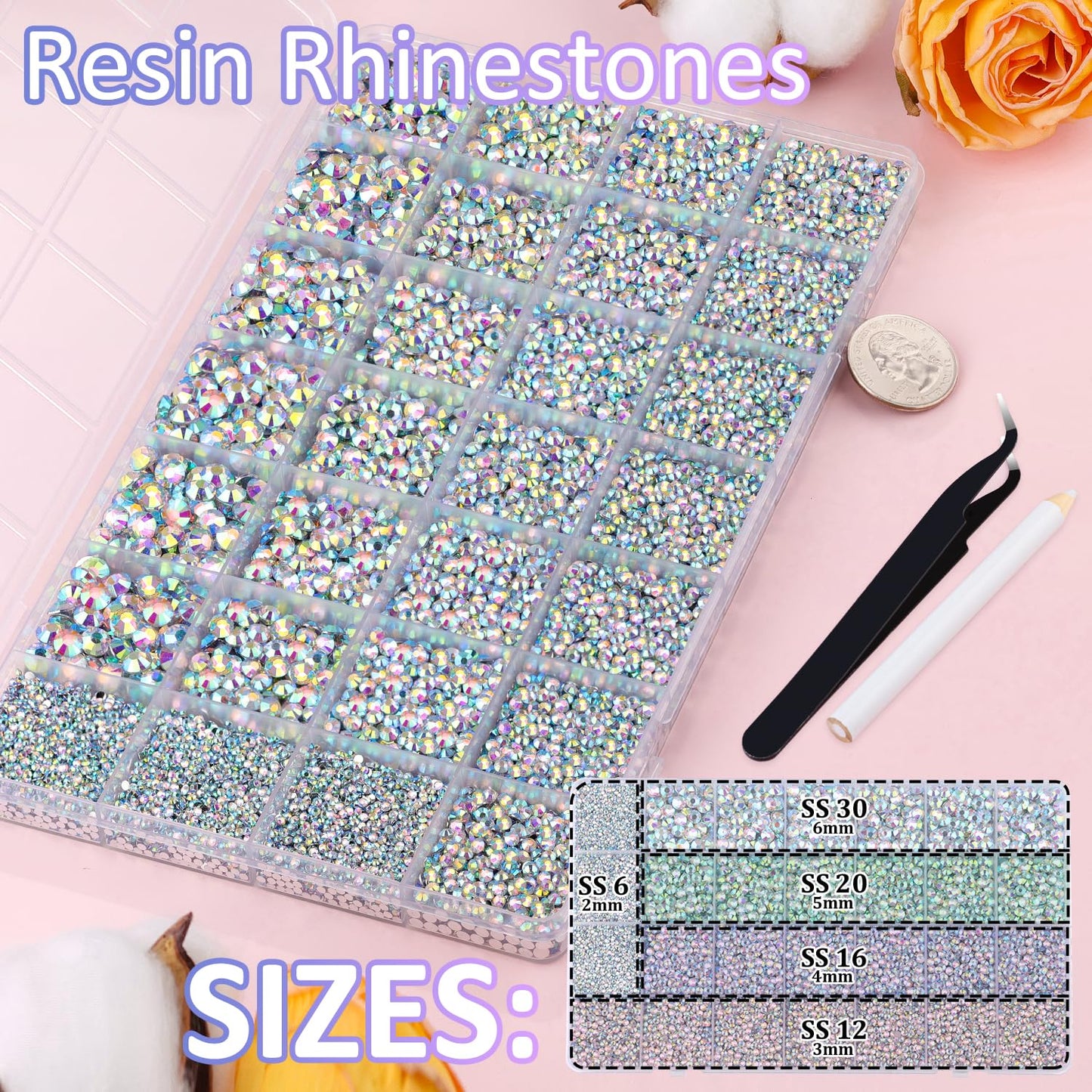 30000Pcs Resin Rhinestones for Bedazzling with Tweezers, AB Rhinestones for Crafting with B7000 Jewelry Glue for DIY Crafts Clothing Tumblers Shoes Fabric Nail Art