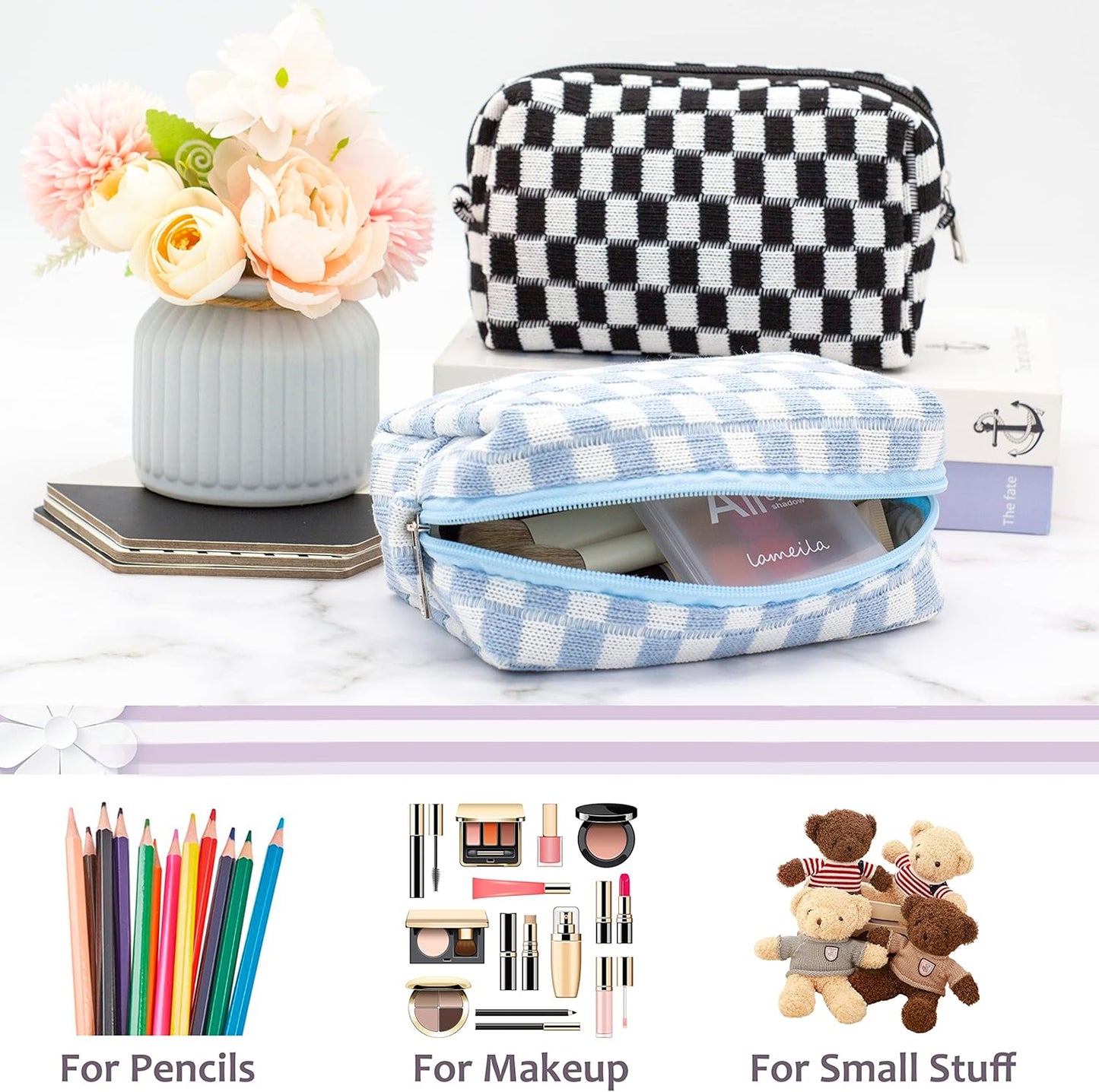 PAZIMIIK Checkered Makeup Bag for Purse Portable Zipper Make Up Pouch Small Cosmetic Case for Travel Accessories (2PCS Blue Light Green)