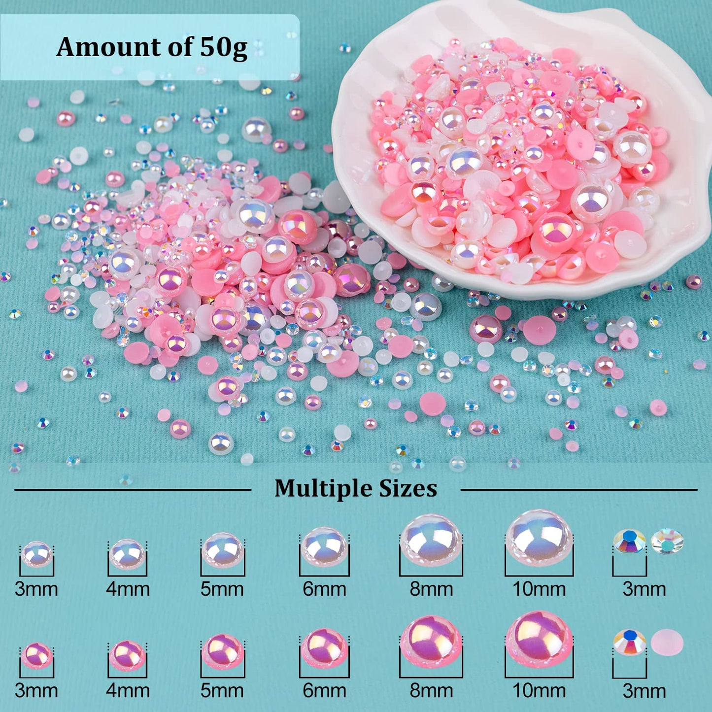 50g Flatback Pearls and Rhinestones Set 1-Pink&White, Mixed Size 3-10mm Resin Rhinestones and Half Pearls for Nail Art and Crafts and Decoration with Tweezer and Pickup Pencil