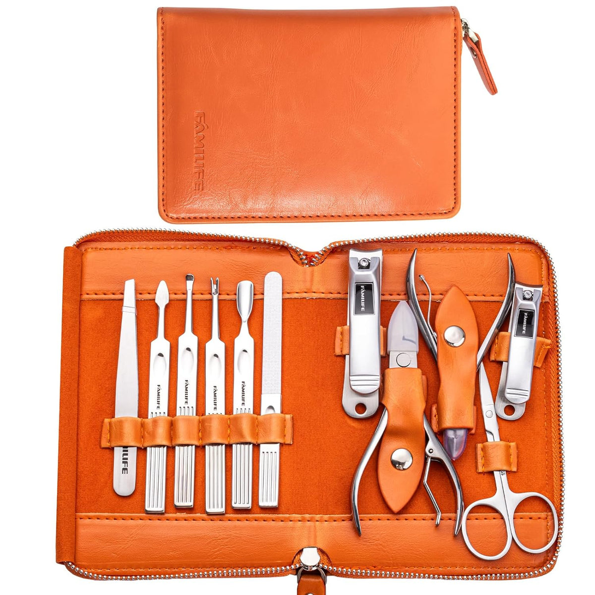 FAMILIFE Professional Manicure Set, Manicure Kit, Nail Clippers Set, 11 in 1 Stainless Steel Orange Pedicure Tool, Nail Kit with Portable Leather Travel Case Luxury Gifts