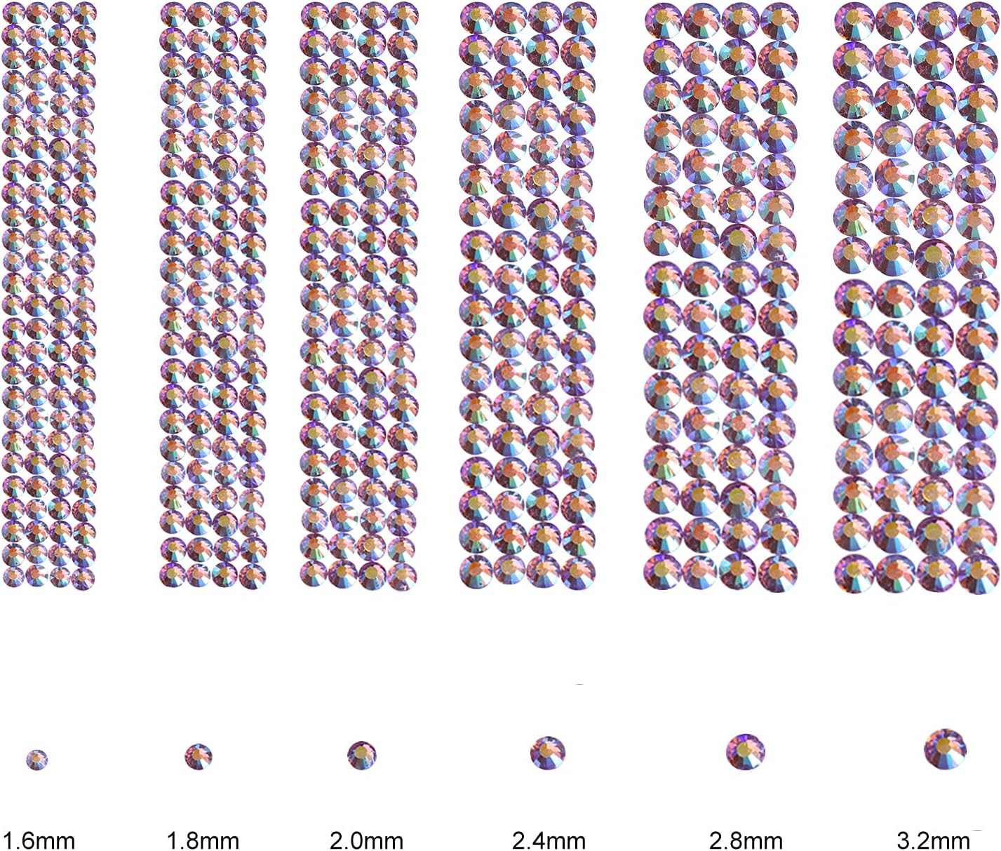 3456pcs Flatback Rhinestones Glass Charms Diamantes Gems Stones for Nail Art 6 Size ss4~ss12 Light Purple AB