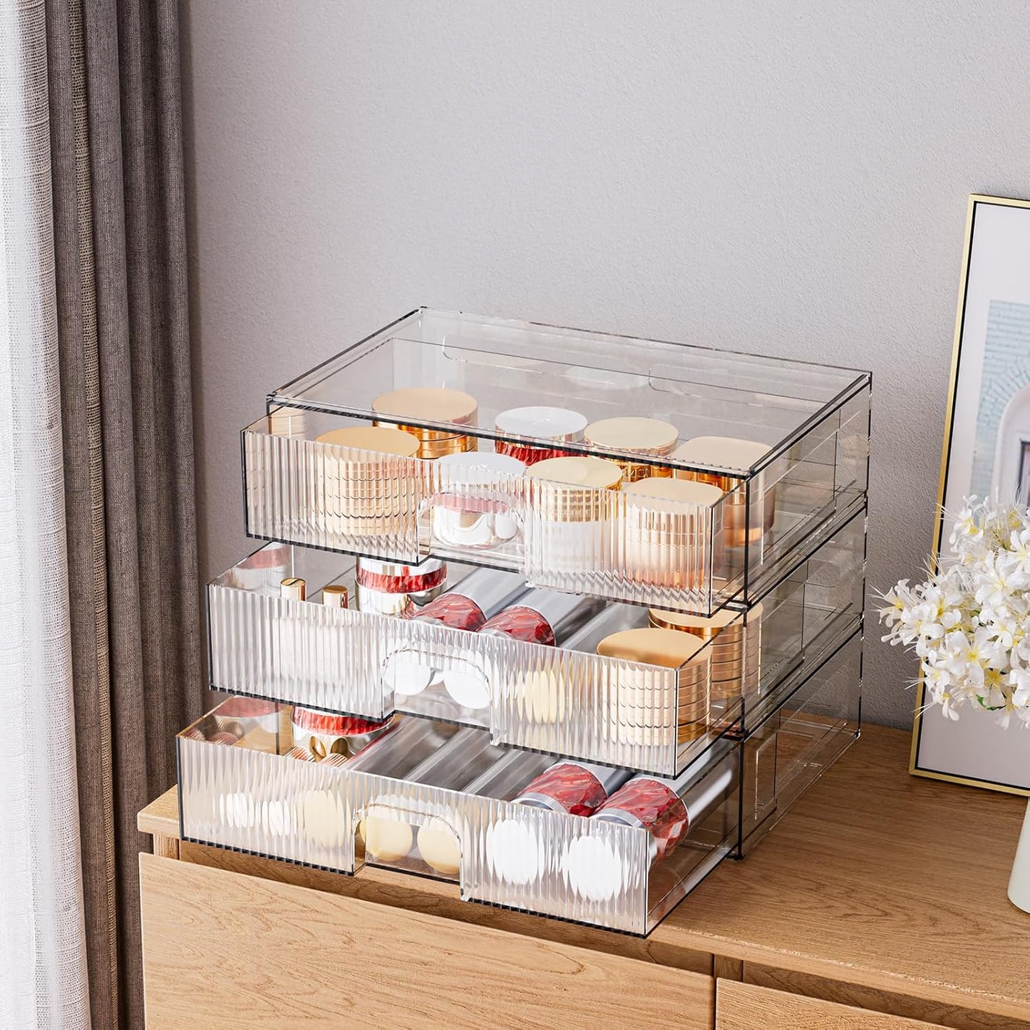 3 Piece Clear Stackable Acrylic Drawer Organizer Set for Vanity Bathroom Cabinet Storage