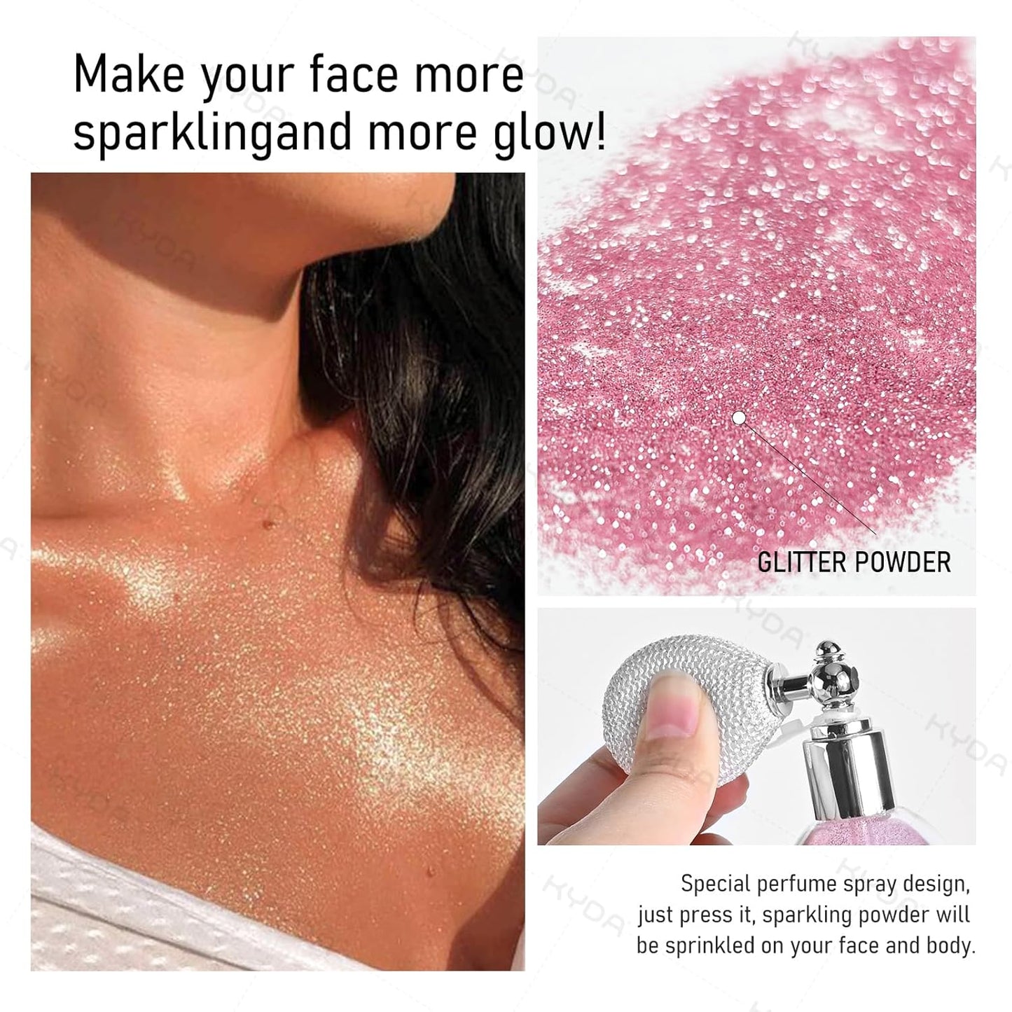 KYDA Highlighter Powder Spray, High Glossy Shimmer Sparkling Powder for Face and Body Glitter Makeup, Body Glitter Spray, Apple Green