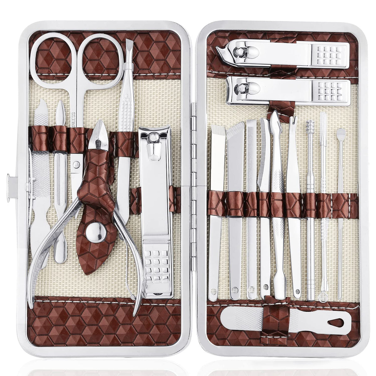Nail Clippers Set 18 Pieces Stainless Steel Manicure Kit, Professional Grooming Kits, Nail Care Tools with Luxurious Travel Case