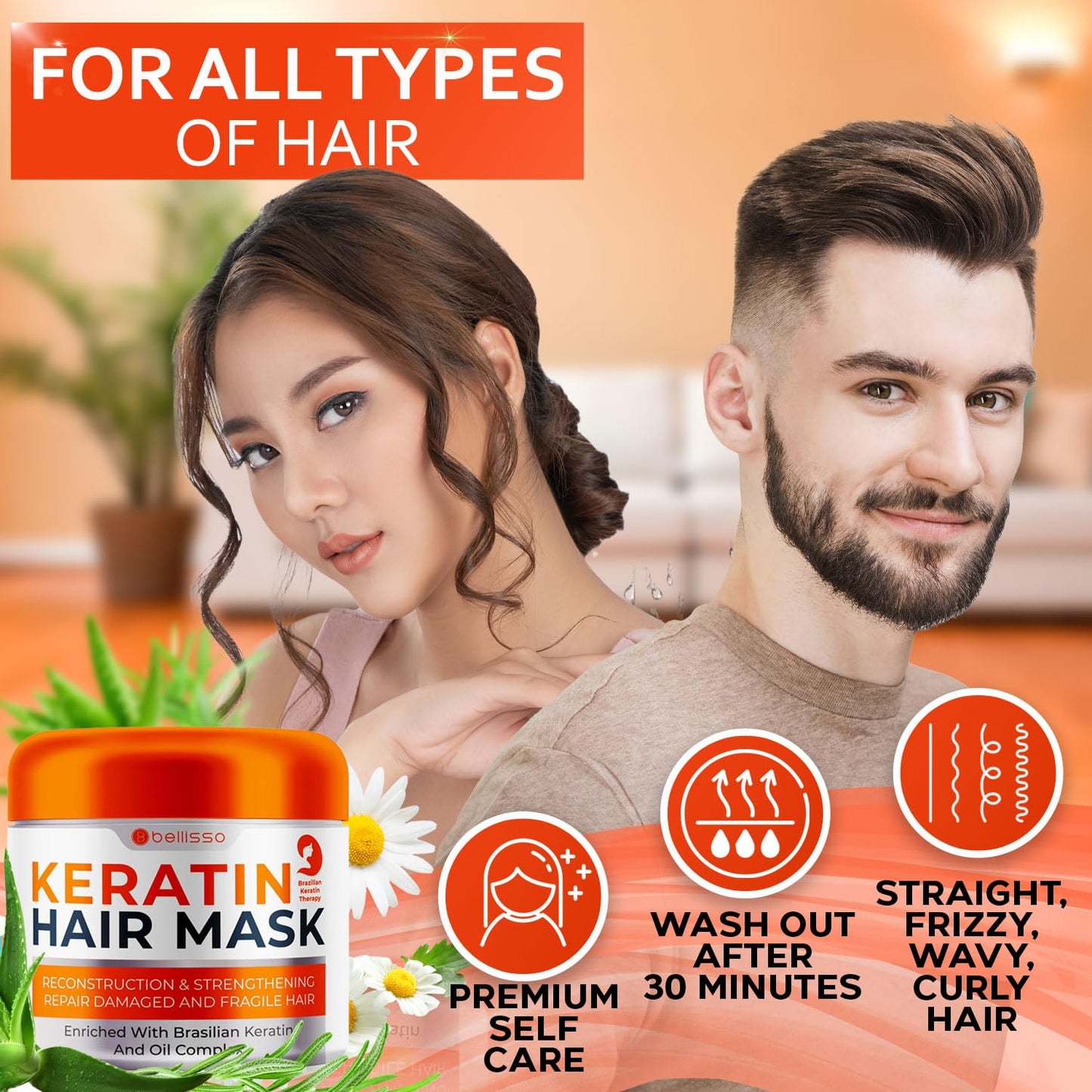 Keratin Hair Mask - Sulfate Free Hydrating Deep Conditioner Treatment for Dry, Damaged and Split Ends - Moisture for Frizzy and Curly Hair - For Women and Men - Moisturizer Care to Repair Damage