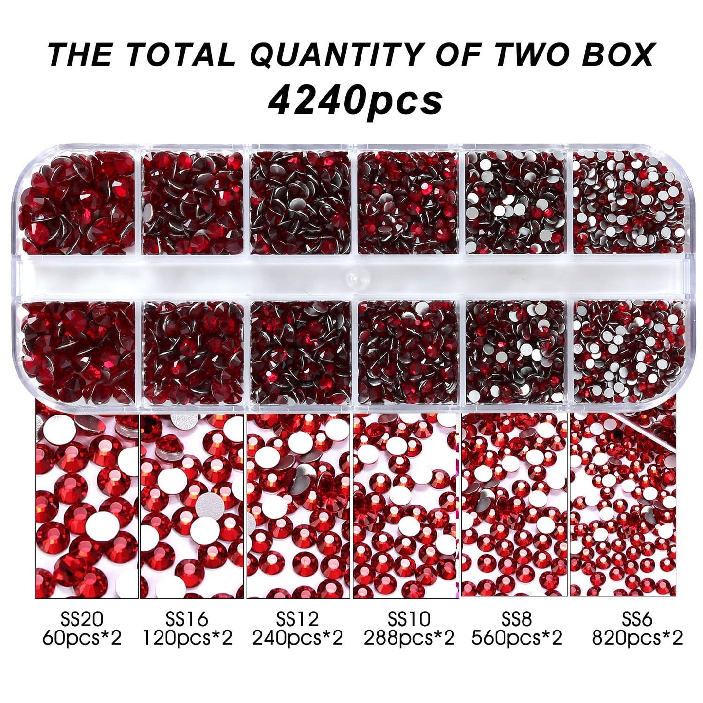 4240Pcs Dark Red Flatback Rhinestones 6 Sizes Crystal Diamonds for Nail Art Crafts Clothes Shoes with Tweezers and Picking Pen