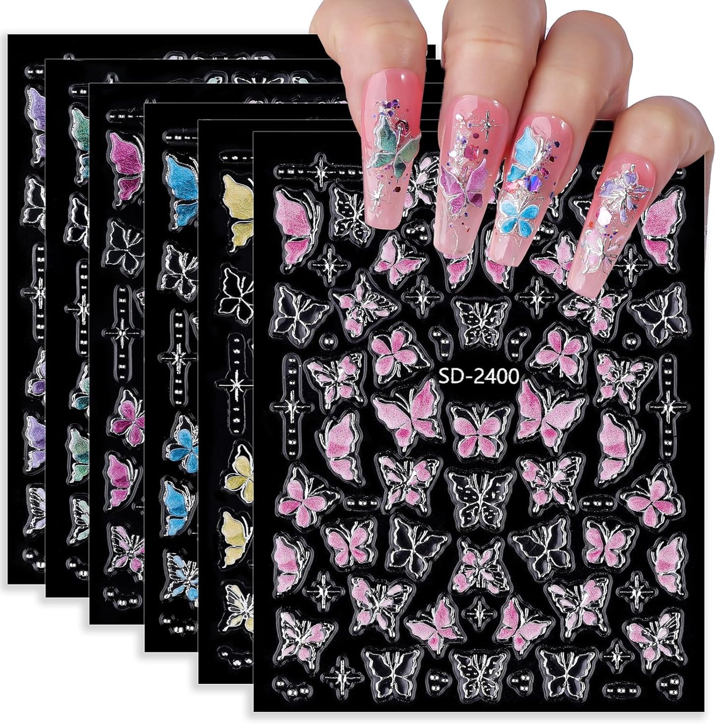 5D Butterfly Nail Stickers 6 Sheets Embossed Butterfly Nail Decals Pink Purple Self Adhesive Nail Art Stickers for Gel/Acrylic Nails, DIY Gift, Women Manicure Decorations