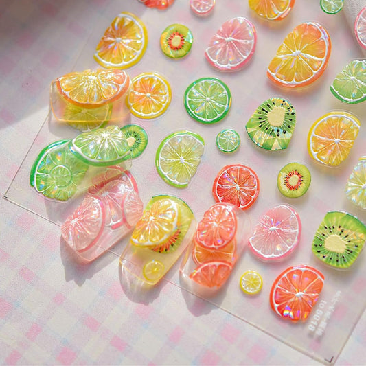 5D Embossed Colorful Fruit Nail Art Stickers Decals Summer Nail Stickers Self-Adhesive Orange Lemon Grapefruit Kiwifruit Exquisite Design Summer Nails Sticker Manicure Supplies for Women DIY Nails