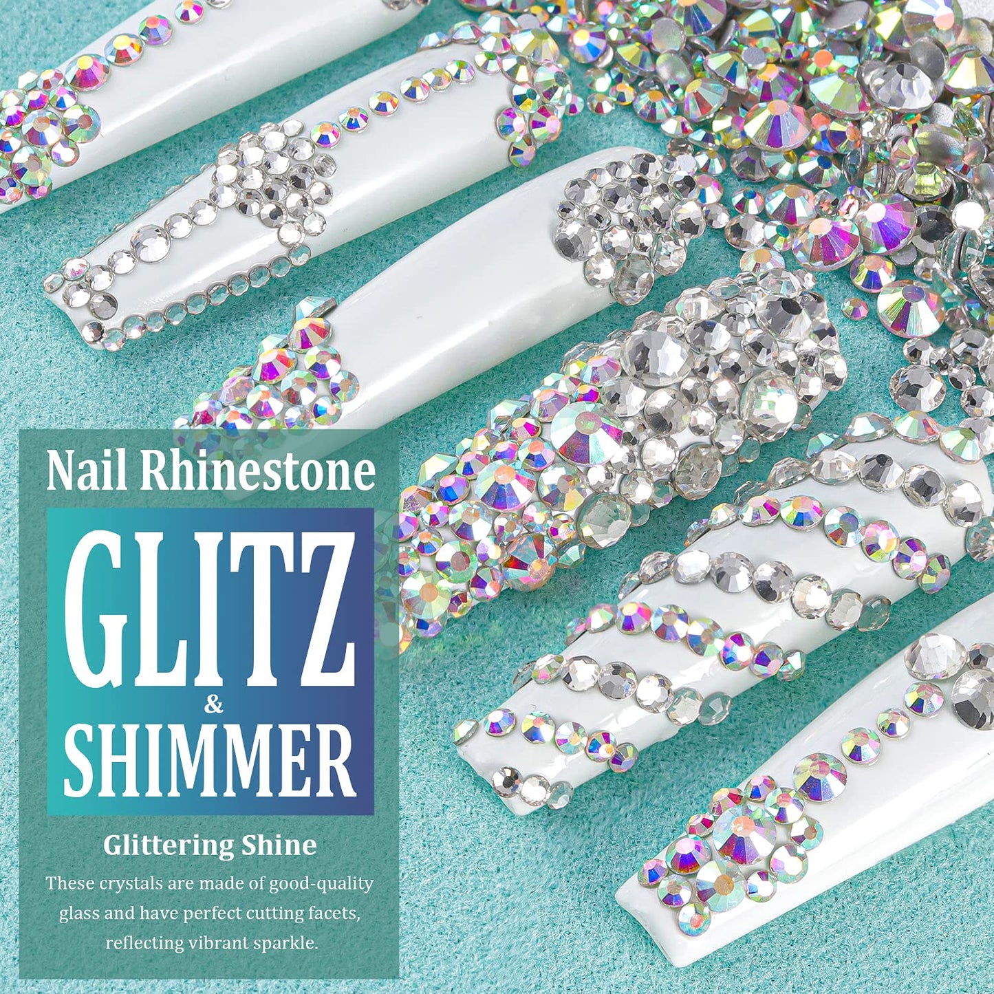 3440pcs 6 Sizes Transparent White and AB Glass Crystal Kit with Pickup Pen + Tweezer Tools for Iridescent Shine Nail Art Manicure Makeup DIY Deco Flatback Round Bead Rhinestone Gem Jewelry Diamond