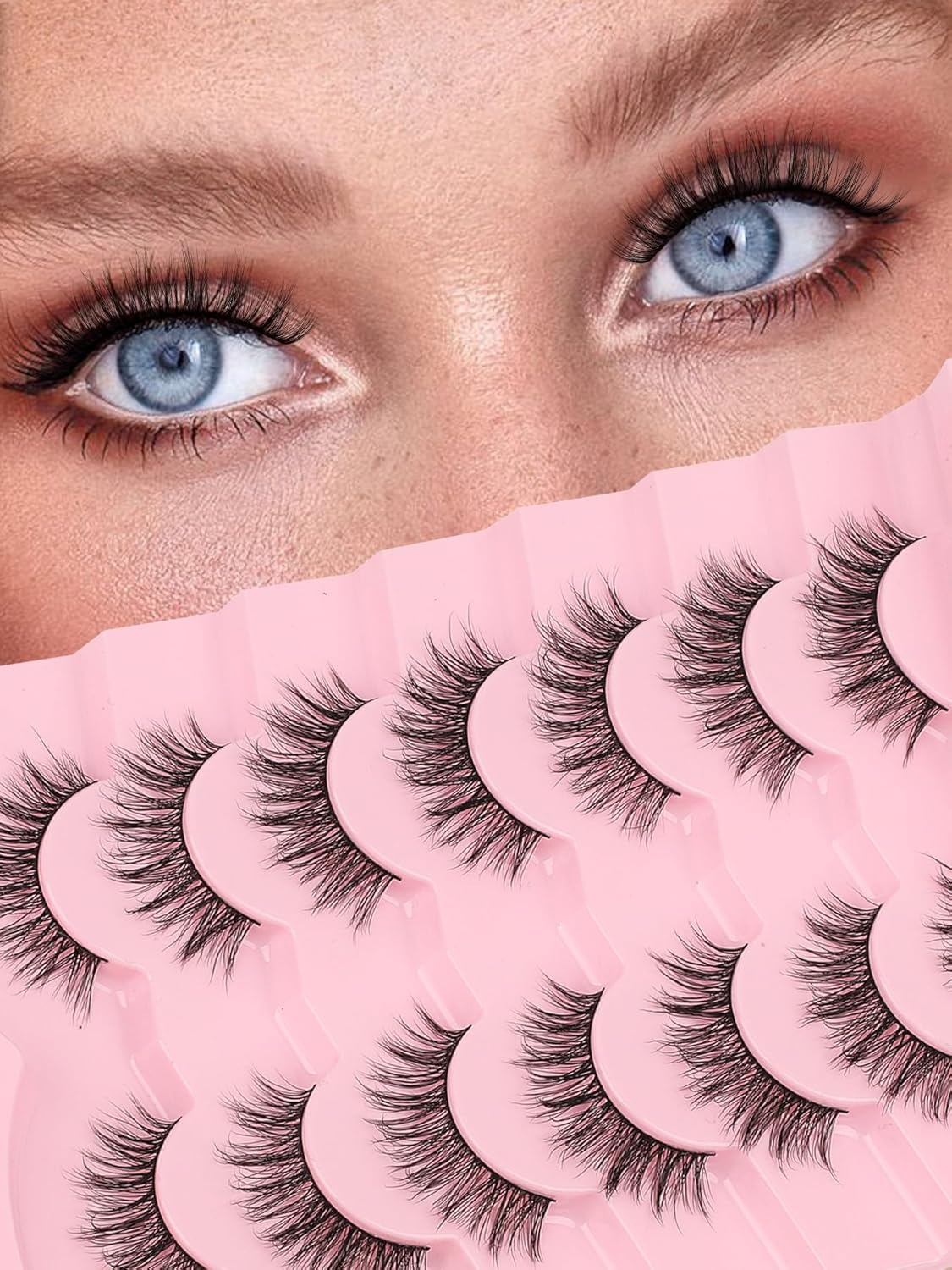 Lashes False Eyelashes Natural 16mm Wispy Lashes Pack Fluffy Eyelashes C Curl Strip Lashes Weightless Fake Lashes 0.1MM Thin Band Eyelash 3D Volume Siligli 7 Pair Lash