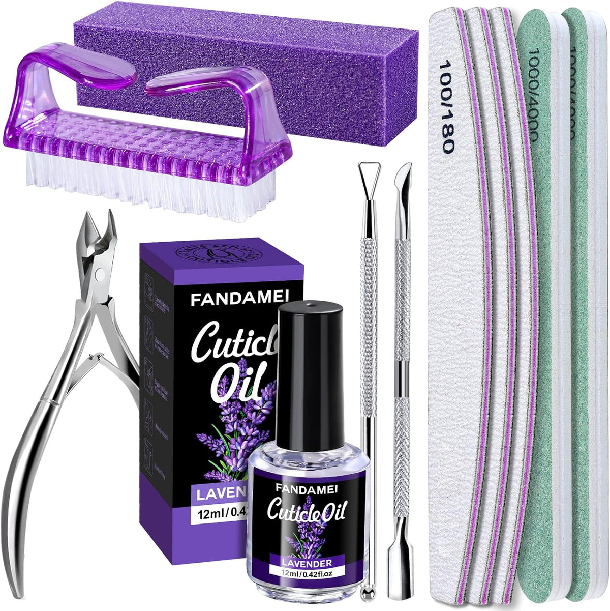FANDAMEI Nail Files and Buffers, Nail Cuticle Remover Kit with Nail File, Nail Buffer, Nail Buffer Block, Cuticle Nipper, Cuticle Pusher, Cuticle Peeler. Nail Cuticle Oil Lavender for Nail Care