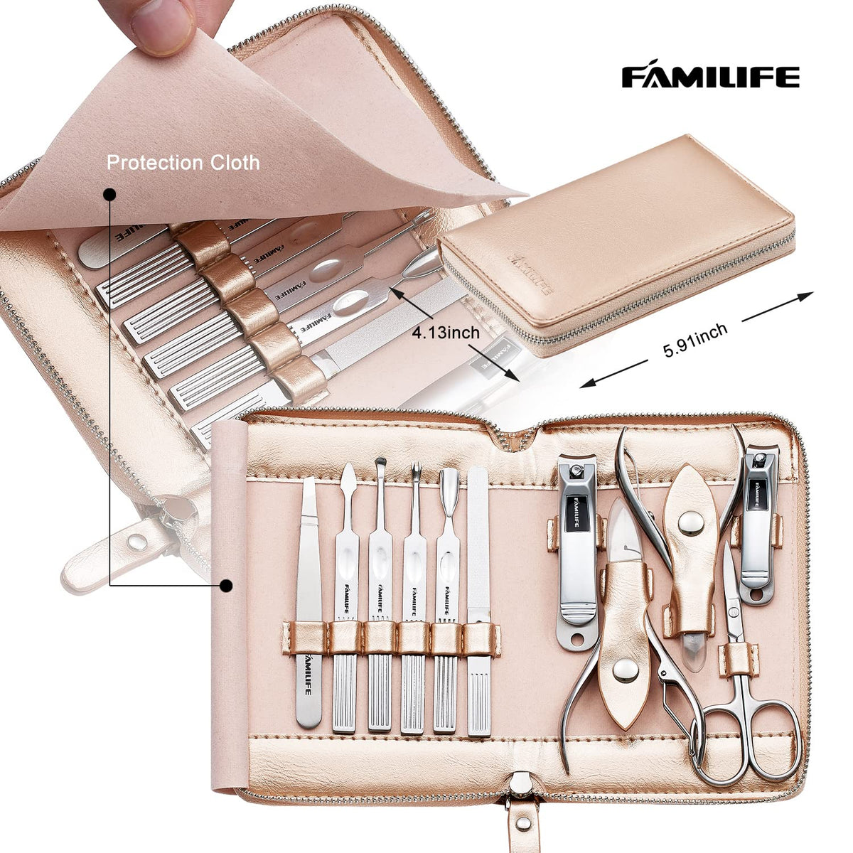 FAMILIFE Gifts for Women, Manicure Set Professional Manicure Kit 11 in 1 Nail Kit Nail Clippers Tools Stainless Steel with Rose Gold Leather Case Travel Sets