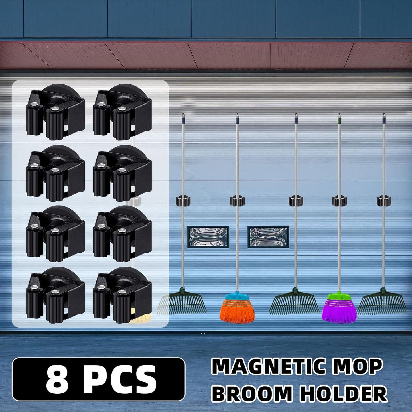 8 Pcs Magnetic Mop Broom Holder Movable Magnetic Broom Holder Rack, Anti Slip Wall Mounted Utility for Cleaning Tools, Garage, Kitchen, Laundry, Garden (Black)