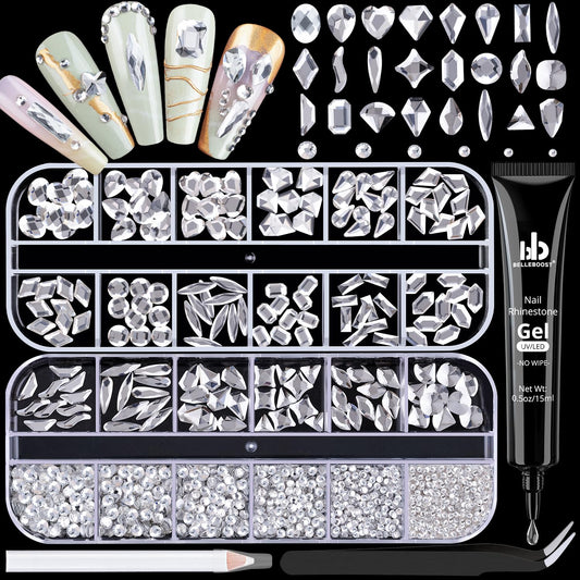 1680Pcs Silver Clear Nail Rhinestones 180Pcs Multi Shapes Glass Flatback Nail Gems + 1500Pcs 1.5-4mm Round Crystal with Rhinestones Glue Gel, Manicure Nail Charms Diamond Gemstones for Nail Art