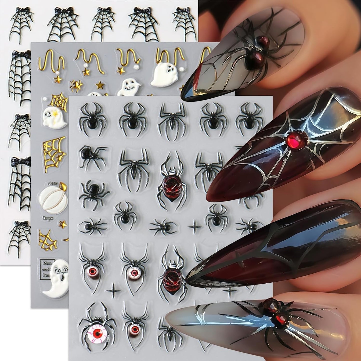 3 Sheets Halloween 5D Embossed Cute Ghost Nail Stickers Self-Adhesive Spider Web Spiders Nail Decals Horror Eyes Spider Nail Art Supplies Nail Accessories for Women Acrylic Manicure Holiday Supplies