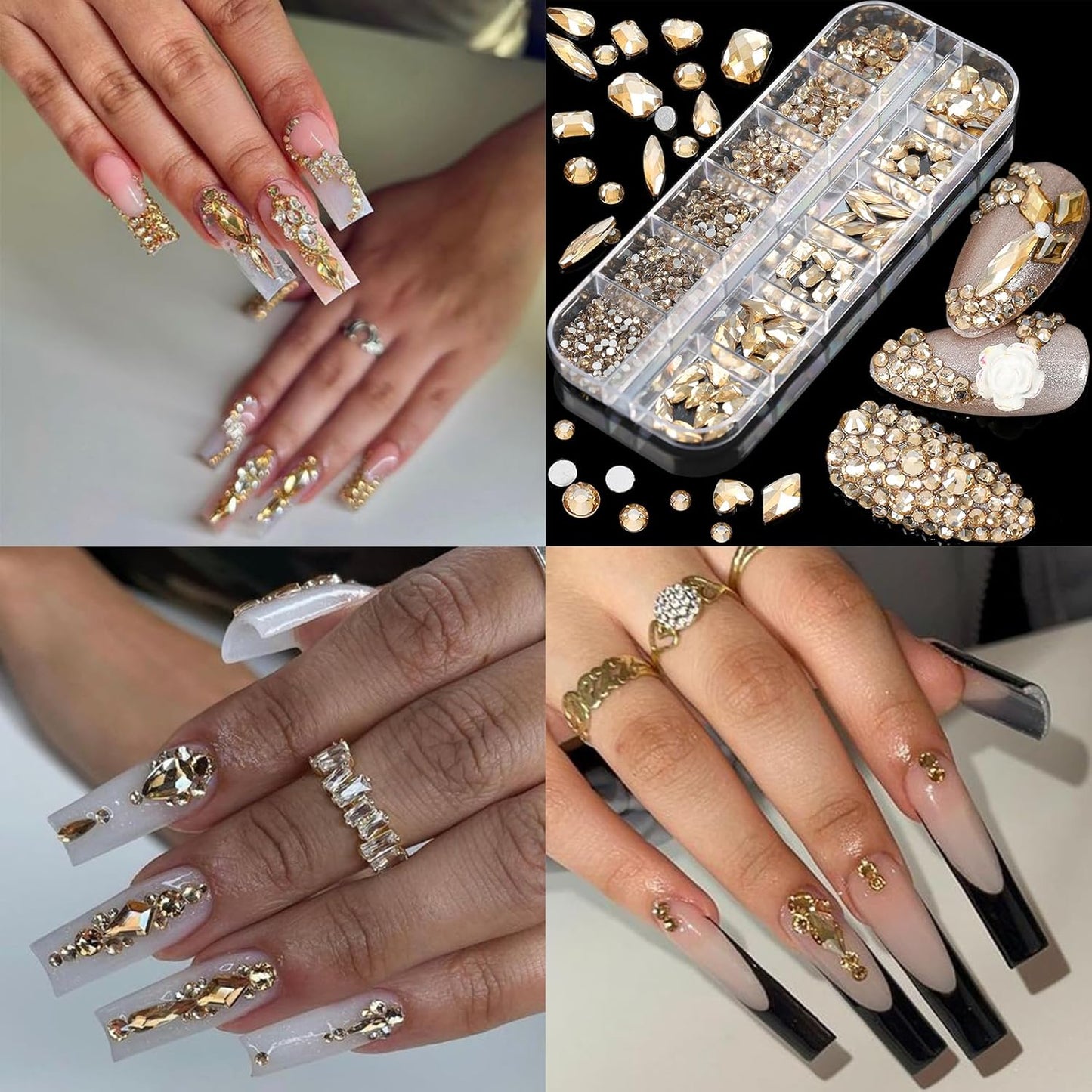 Nail Art Rhinestones Flatback Gold Nail Charms Multi Shapes Crystal Mixed Glitter Foil Design Gold Gems Accessories for Women Manicure Decorations Supplies