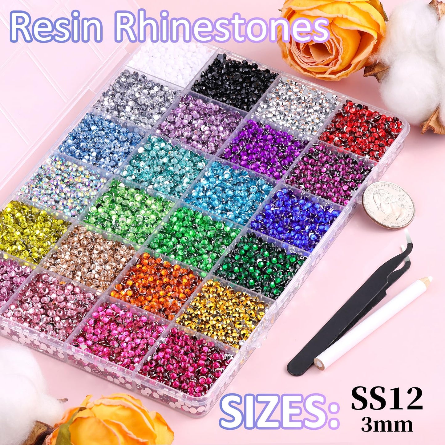 24000Pcs Resin Rhinestones for Crafting with Tweezers, Multicolor 3mm Bedazzling Crystal with 3Pcs 10ml B7000 Jewelry Glue for DIY Crafts Clothing Tumblers Shoes Fabric Nail Art