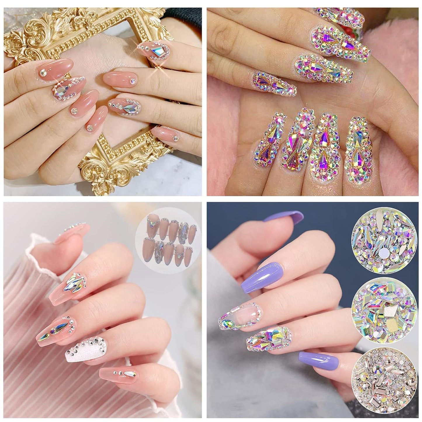 3100Pcs AB Crystal Nail Rhinestones, HOINCO Mix 20 Styles Flatback Rhinestone, 12 Types of 600 Diamonds + 2500 Round Beads, Crystals 3D Flat Back Gemstones for Nail DIY Crafts with Tweezers Pen