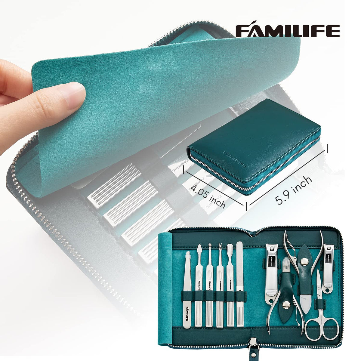 FAMILIFE Nail Kit, Professional Manicure Set Manicure Kit, 11 in 1 Stainless Steel Nail Clippers Set Pedicure Tools, Men Grooming Tool with Portable Blue Leather Travel Case Luxury Gifts for Him