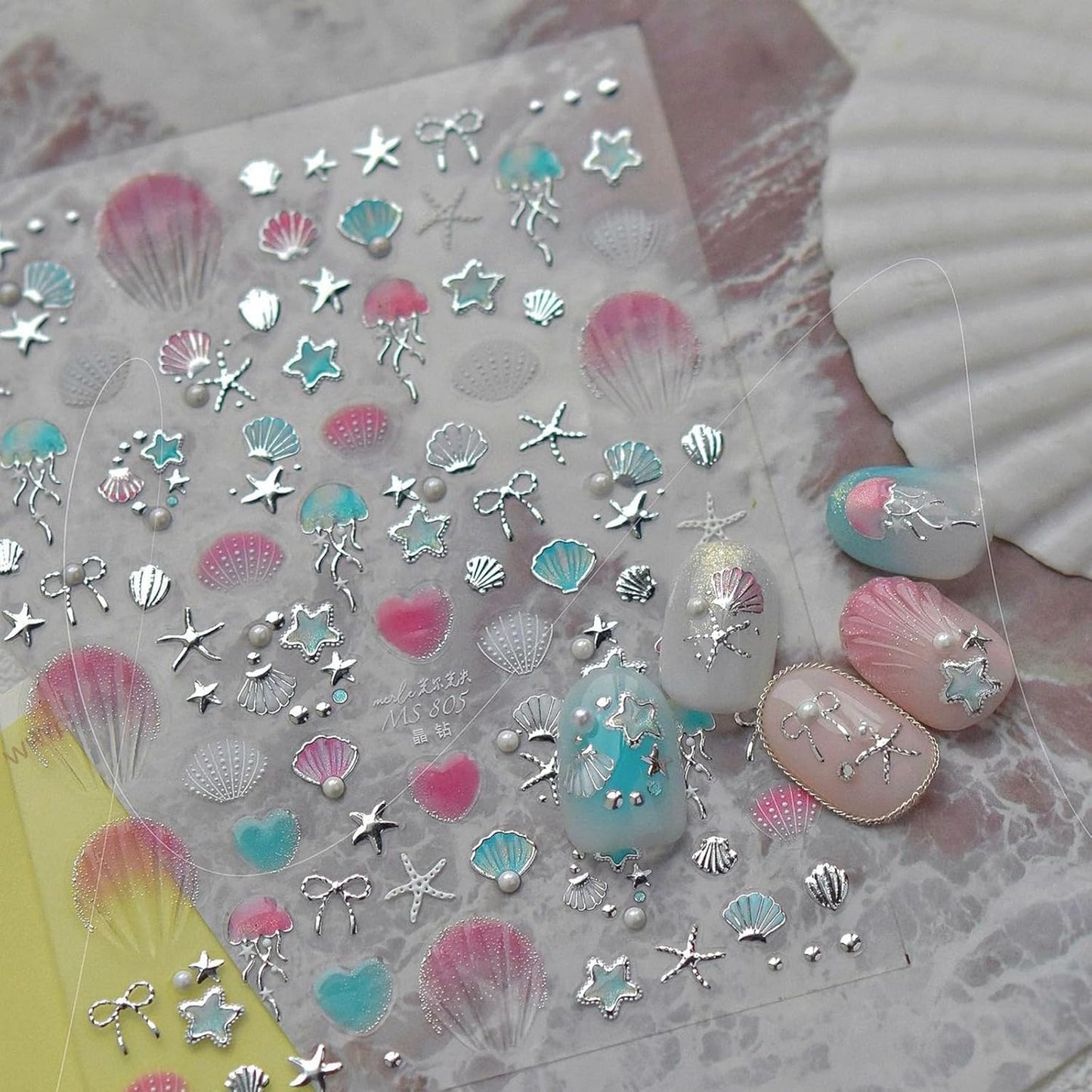 2Pcs Summer Nail Stickers for Nails Art,Self-Adhesive Star Shell Nail Art Stickers Seashell Nail Decals Starfish Jellyfish Pearl Nail Designs 5D Embossed Ocean Life Nails Supplies for Women Manicure