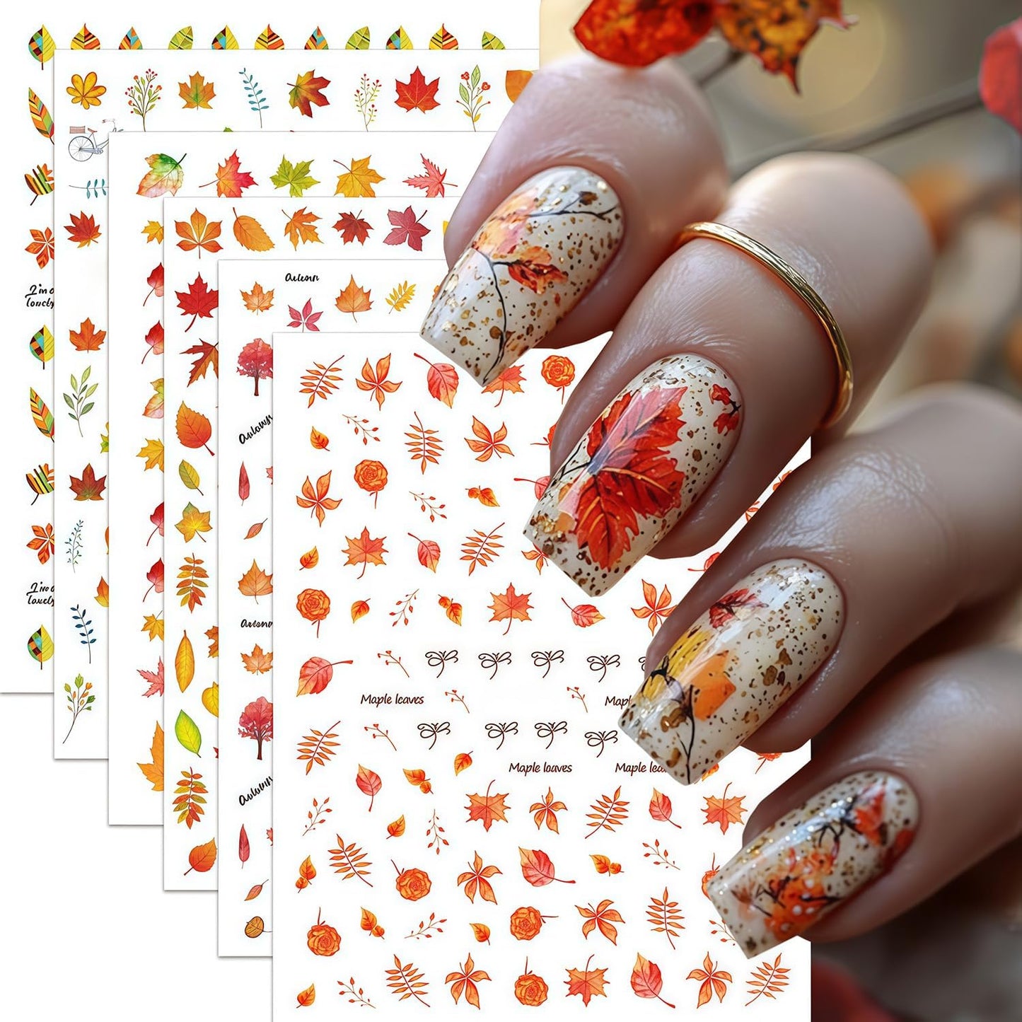6 Sheets Thanksgiving Day Nail Art Stickers Fall Maple Leaf Nail Decals 3D Self-Adhesive Autumn Maple Leaves Nail Stickers Holiday Nails Sticker for DIY Nails Decoration Accessories