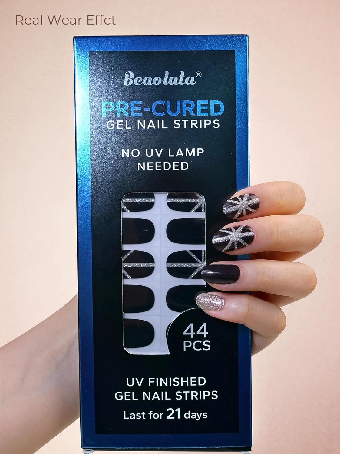 Pre Cured Gel Nail Strips - 44PCS Salon Quality Gel Nail Stickers - Long Lasting Polish Wraps for Women no UV Light Needed Easy Apply& Remove (Sultry Black）