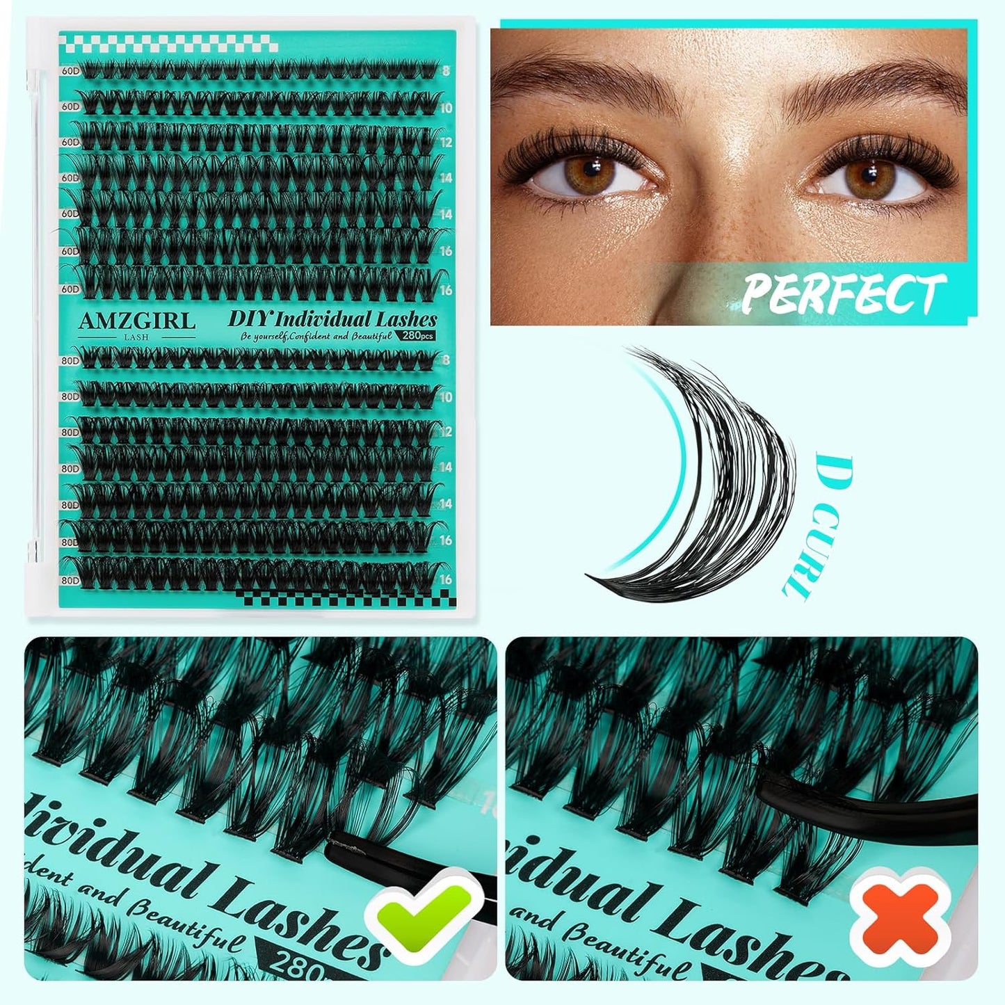 Lash Extension Kit 280Pcs,60D 80D Individual Lashes Clusters Kit,Lash Bond And Seal,Lash Remover For Eyelashes Extensions,Lash Applicator Tool For False Eyelash Cluster Kit At Home(D-Mix8-16mmKit)