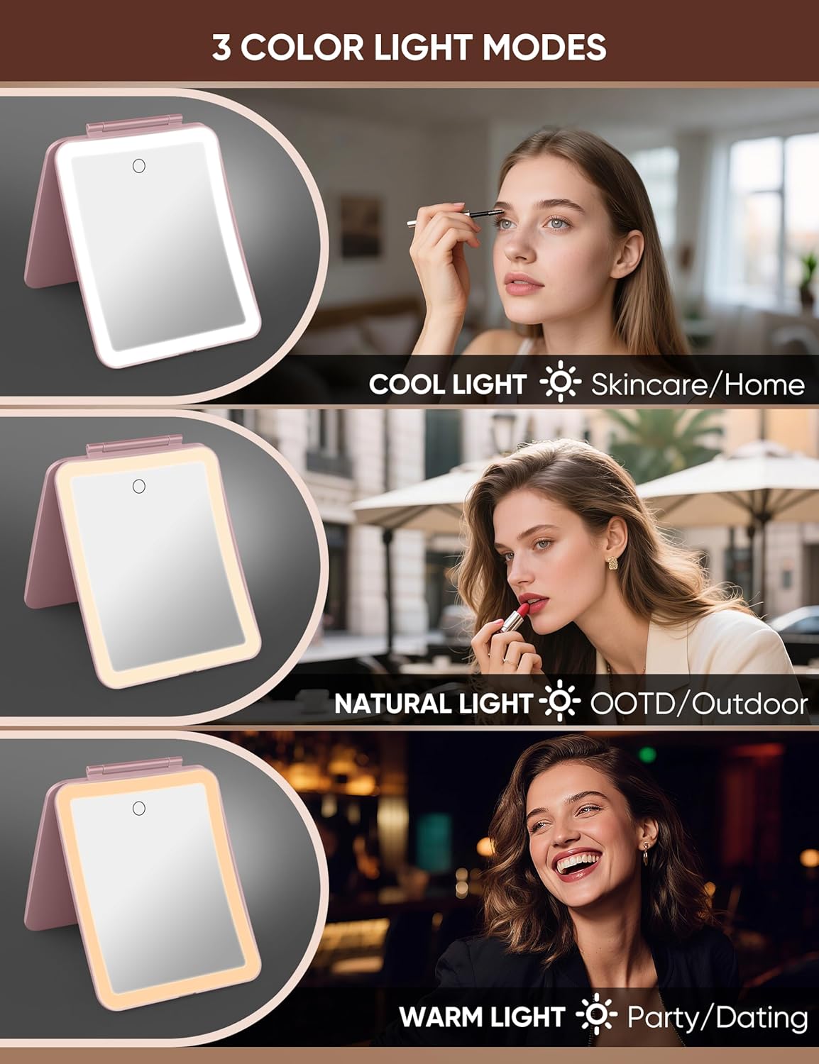 1X/10X Magnifying Makeup Mirror with 3 Colored Lights and Touch Control, 2700mAh Rechargeable LED Vanity Mirror for Home, Bathroom and Travel (Rose Pink, with LED Lights)