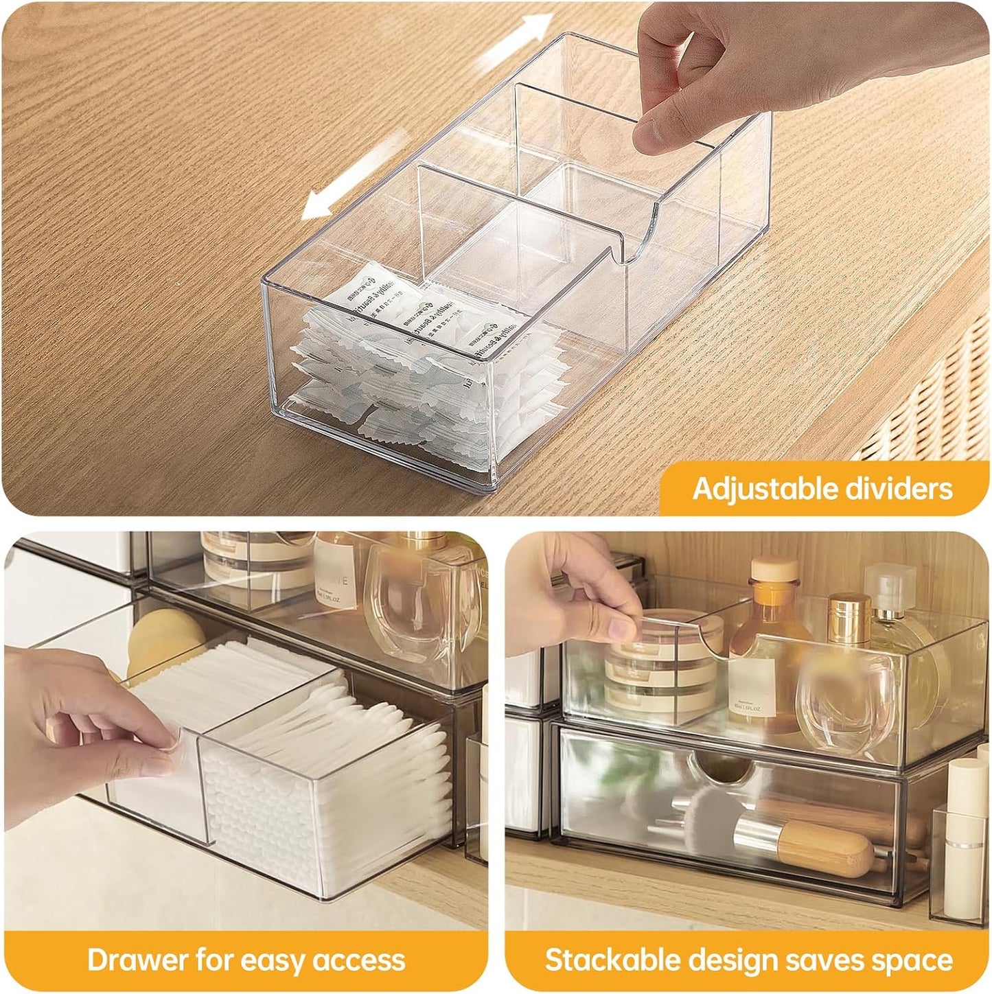 Medicine Cabinet Organizer 3 Pack, Plastic Stackable Storage with 2 Drawers, Bathroom Mirror Cabinet Organizer with Removable Dividers for Wall Cabinet, Vanity, Countertop, Clear