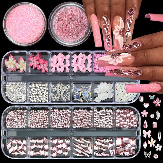 4 Boxes Pink Nail Gems Bow Flower Nail Charms for Acrylics - Irregular Crystals, Nails Rhinestone & Accessories for Women Nails Art Design Nails Decor(Pink)