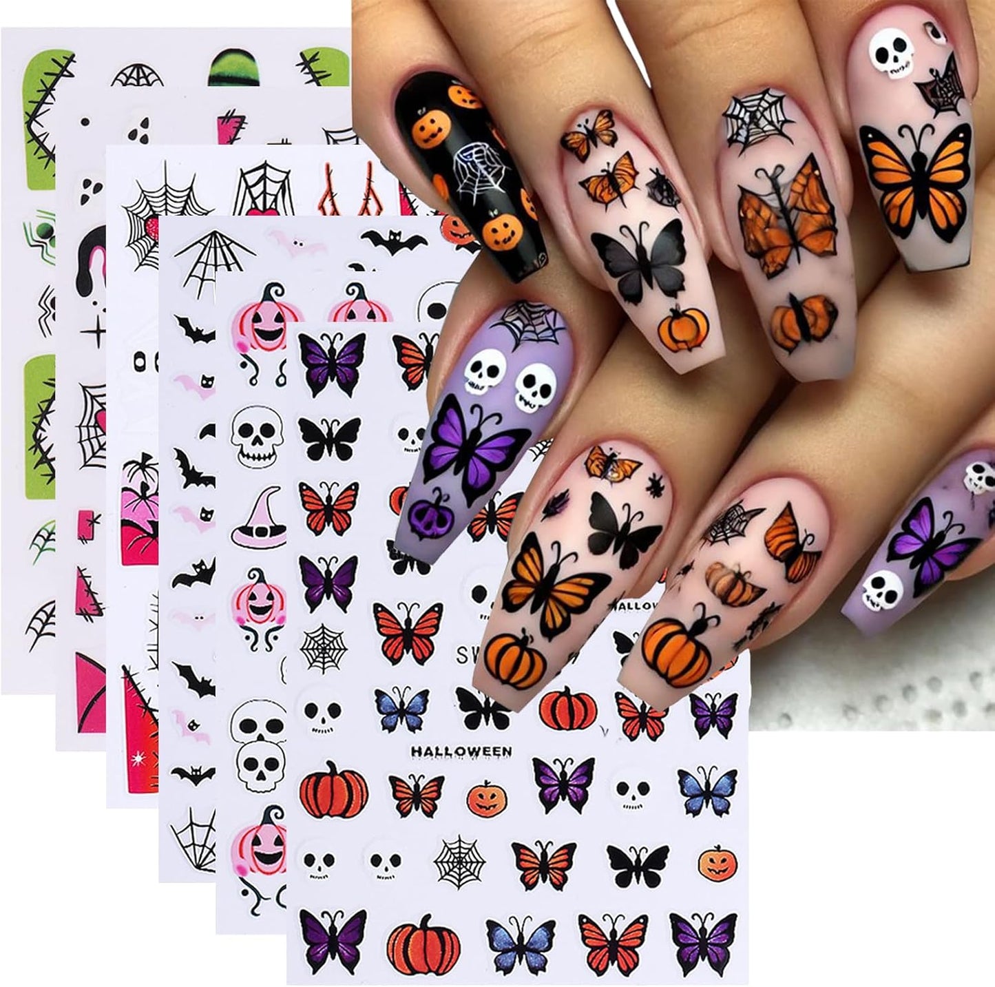 6 Sheets Halloween Nail Art Stickers Decals 3D Self-Adhesive Cartoon Bat Spider Web Skull Nail Stickers French Flame Spider Web Heart Nail Decals Supplies for Women DIY Holiday Manicure Decorations